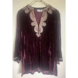 Chico's Tunic Woven Stitching Embellishment Size 2 Burgundy Women’s Top Velvet
